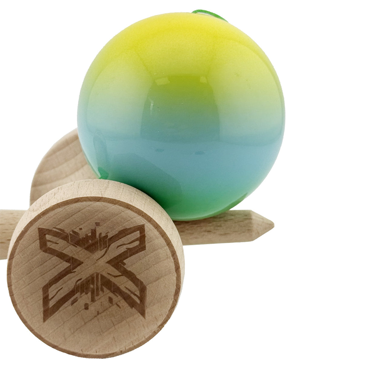 Kendama X Originala, Profesionala, Flippy, Super Sticky cu Cupe Mari KING SIZE V3, Gaura in Baza, Rulment Metalic, din lemn 18 cm, Ata 62/65 cm, Gradient Galben/Albastru/Verde - vivimall.ro