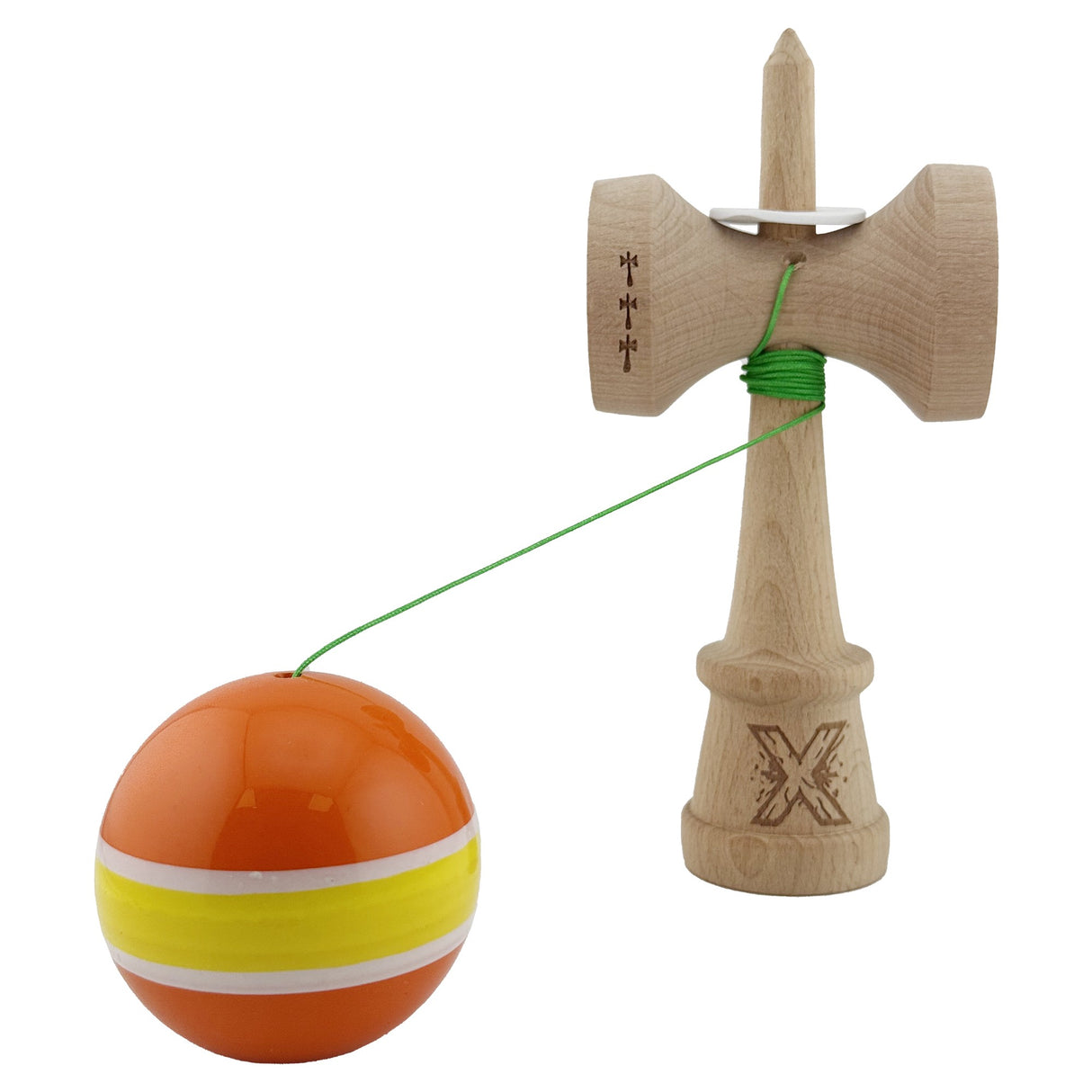 Kendama X Originala, Profesionala, Flippy, Super Sticky cu Cupe Mari KING SIZE V3, Gaura in Baza, Rulment Metalic, din lemn 18 cm, Ata 62/65 cm, Special Portocaliu/Galben - vivimall.ro