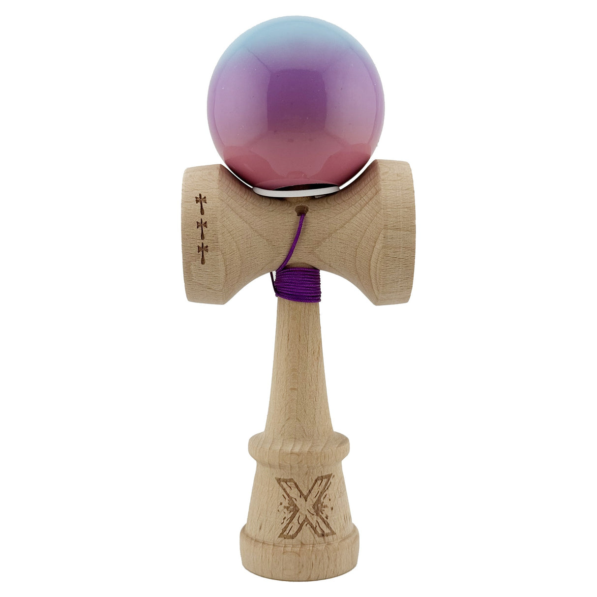 Kendama X Originala, Profesionala, Flippy, Super Sticky cu Cupe Mari KING SIZE V3, Gaura in Baza, Rulment Metalic, din lemn 18 cm, Ata 62/65 cm, Gradient Albastru/Mov/Roz - vivimall.ro