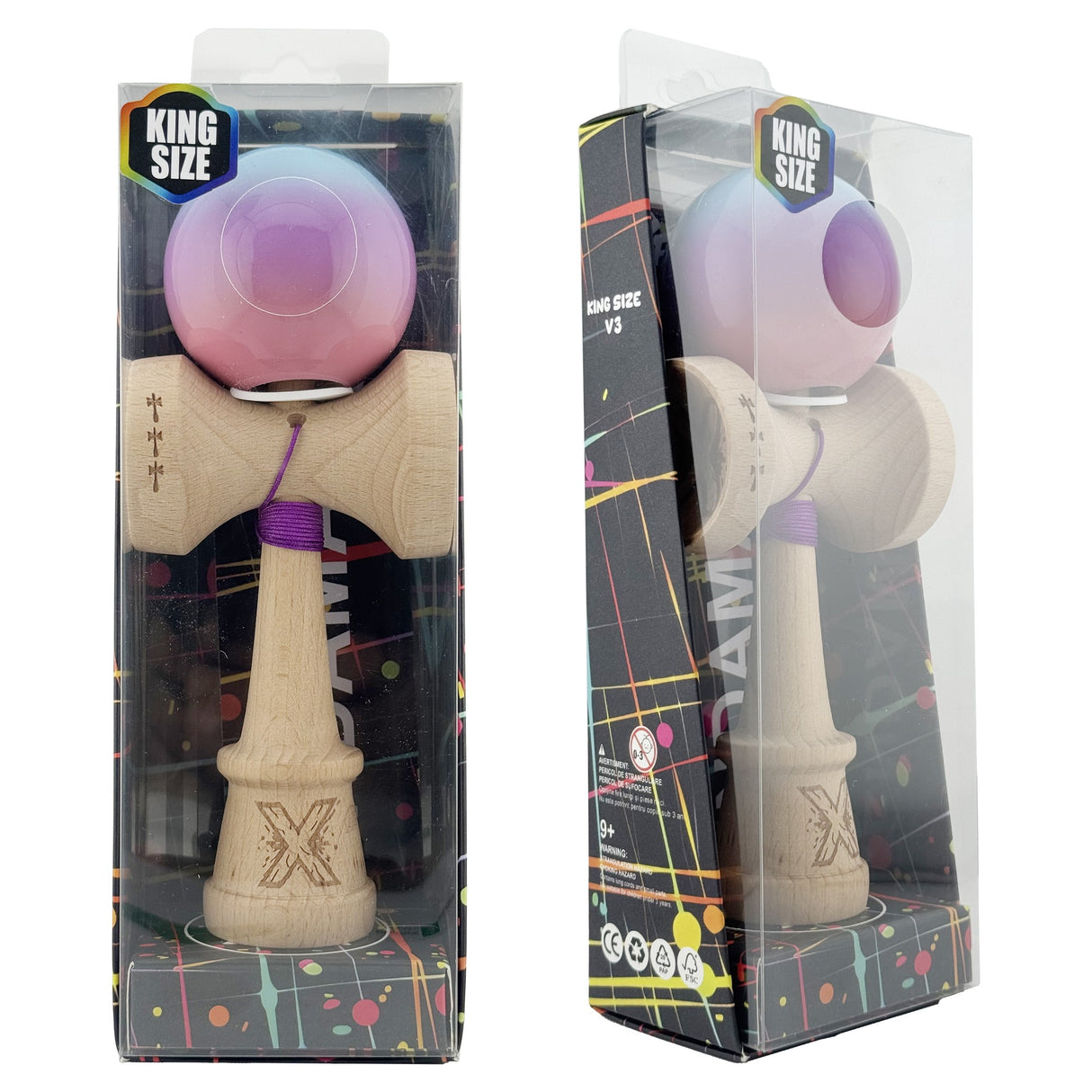 Kendama X Originala, Profesionala, Flippy, Super Sticky cu Cupe Mari KING SIZE V3, Gaura in Baza, Rulment Metalic, din lemn 18 cm, Ata 62/65 cm, Gradient Albastru/Mov/Roz - vivimall.ro