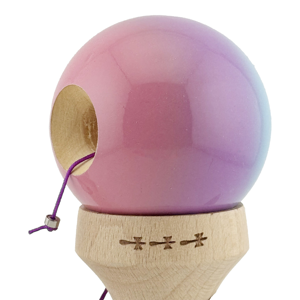 Kendama X Originala, Profesionala, Flippy, Super Sticky cu Cupe Mari KING SIZE V3, Gaura in Baza, Rulment Metalic, din lemn 18 cm, Ata 62/65 cm, Gradient Albastru/Mov/Roz - vivimall.ro