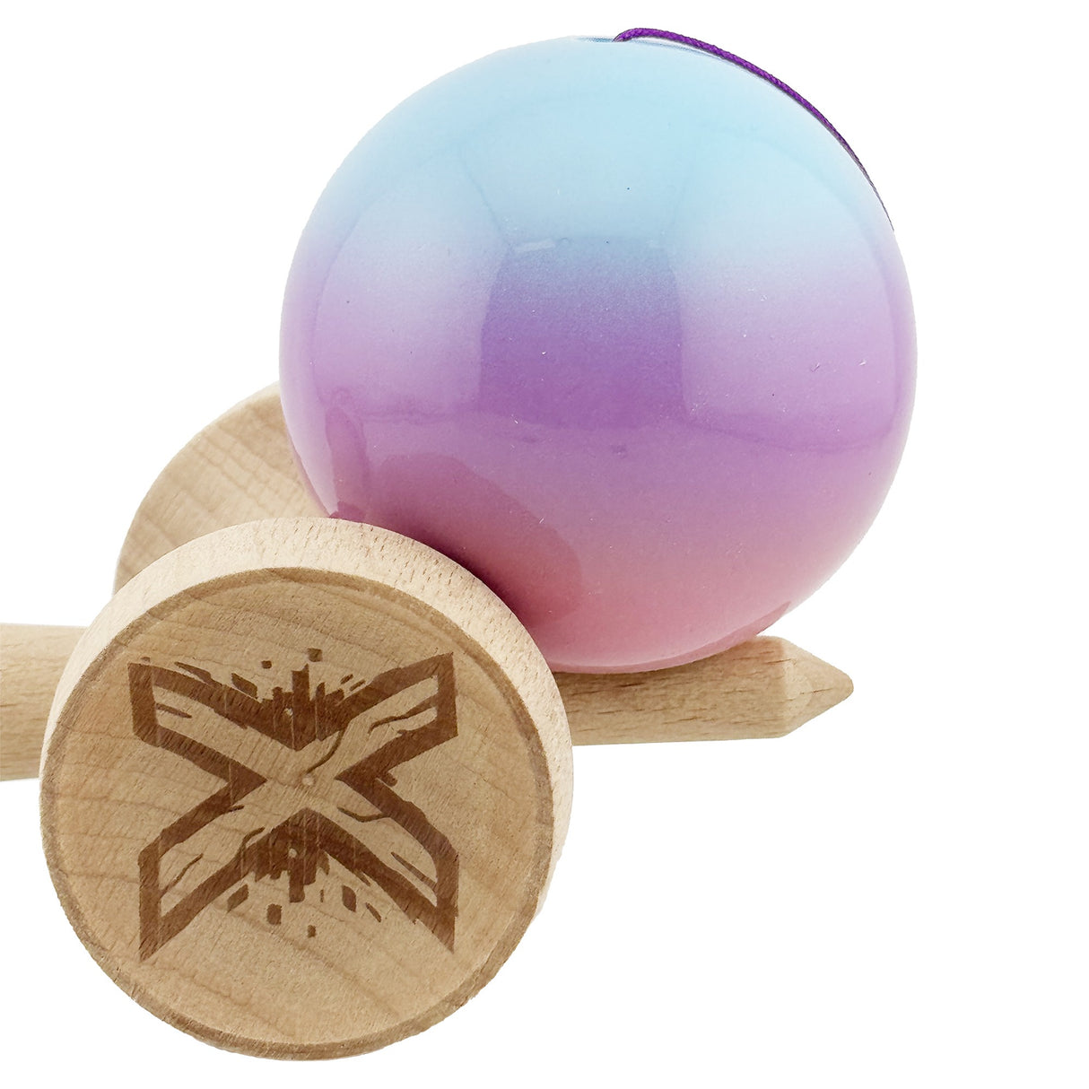 Kendama X Originala, Profesionala, Flippy, Super Sticky cu Cupe Mari KING SIZE V3, Gaura in Baza, Rulment Metalic, din lemn 18 cm, Ata 62/65 cm, Gradient Albastru/Mov/Roz - vivimall.ro