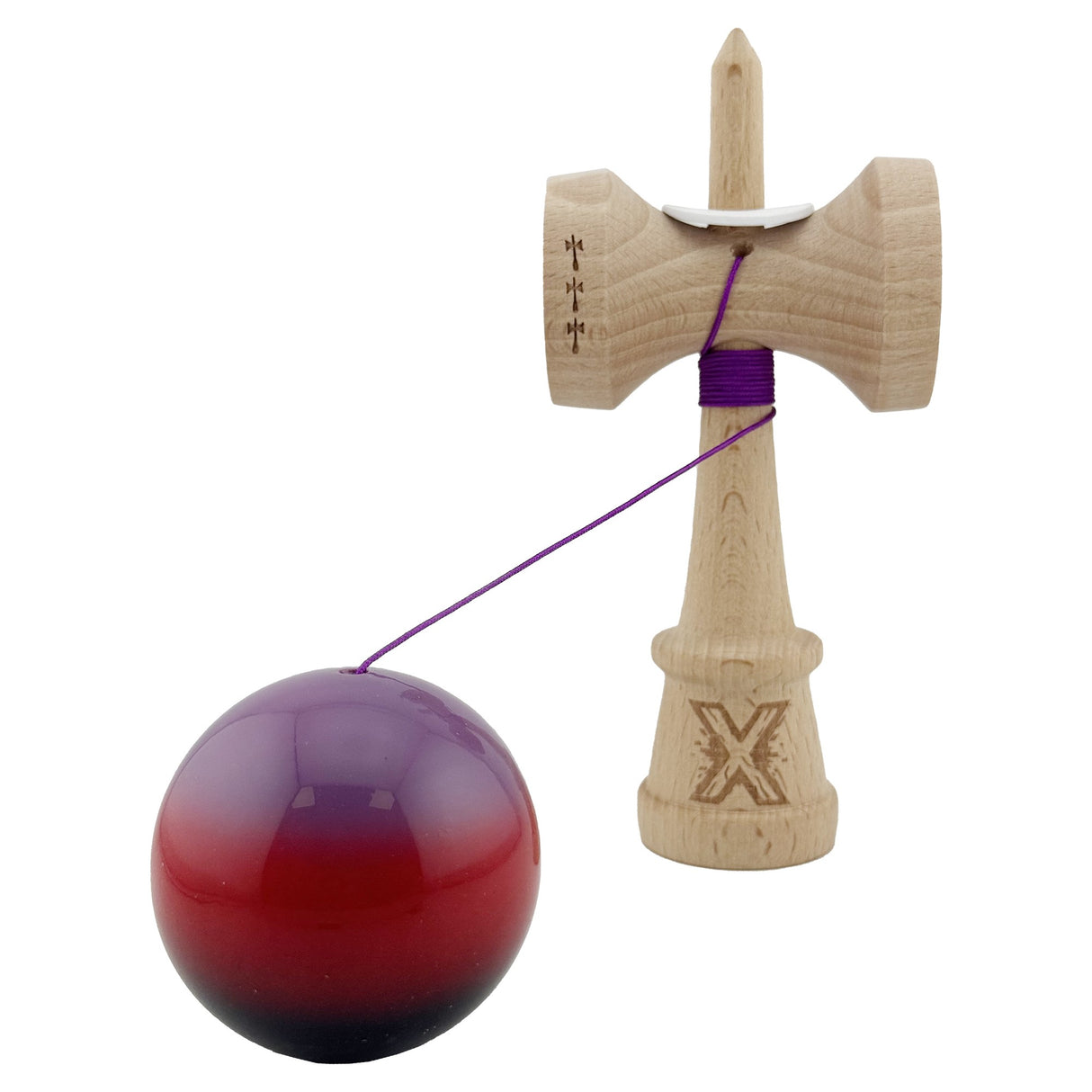 Kendama X Originala, Profesionala, Flippy, Super Sticky cu Cupe Mari KING SIZE V3, Gaura in Baza, Rulment Metalic, din lemn 18 cm, Ata 62/65 cm, Gradient Mov/Rosu/Negru - vivimall.ro