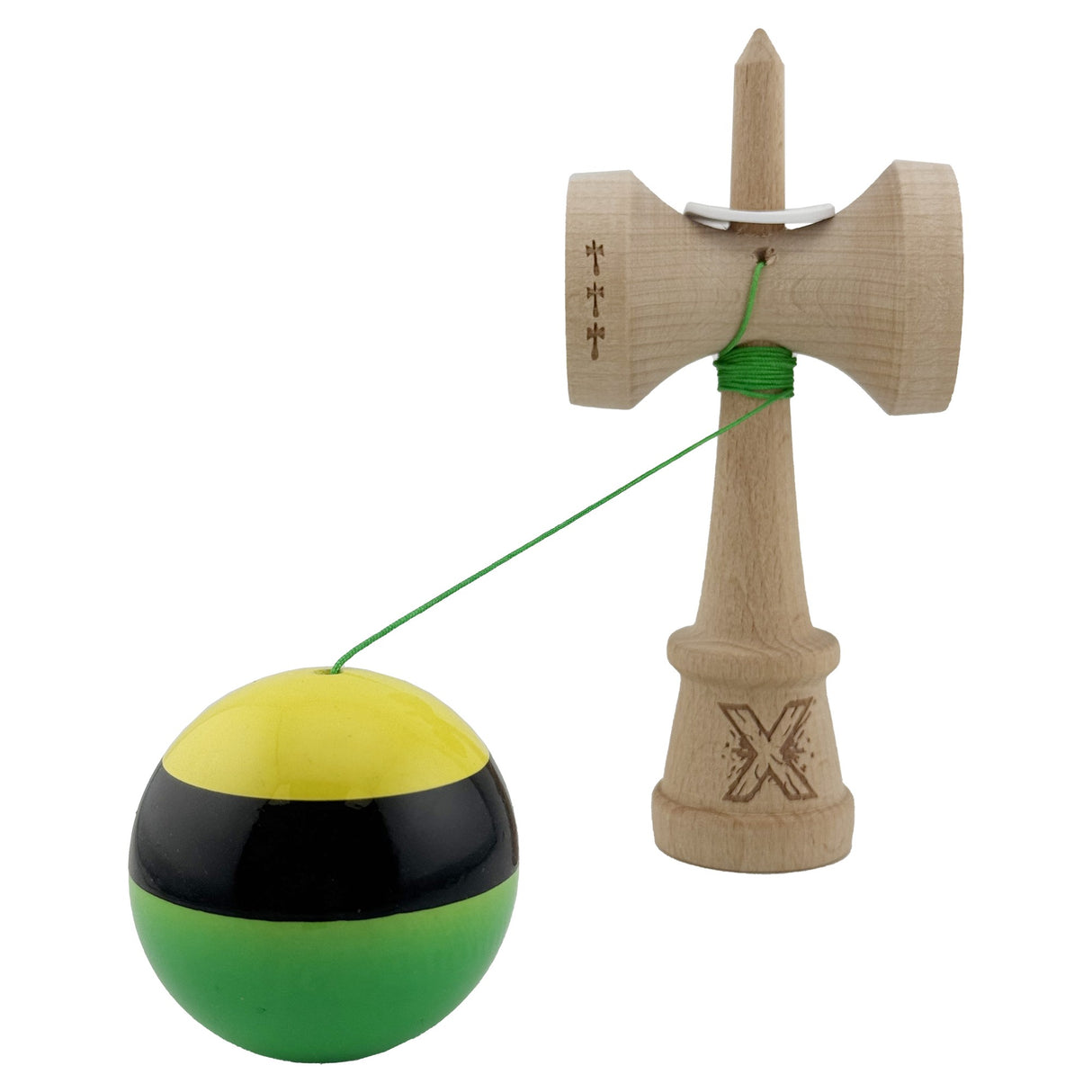 Kendama X Originala, Profesionala, Flippy, Super Sticky cu Cupe Mari KING SIZE V3, Gaura in Baza, Rulment Metalic, din lemn 18 cm, Ata 62/65 cm, Galben/Negru/Verde - vivimall.ro
