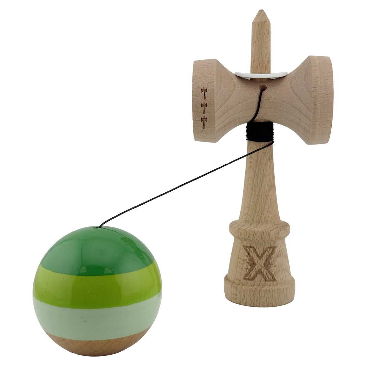Kendama X Originala, Profesionala, Flippy, Super Sticky cu Cupe Mari KING SIZE V3, Gaura in Baza, Rulment Metalic, din lemn 18 cm, Ata 62/65 cm, Special Verde degrade - vivimall.ro