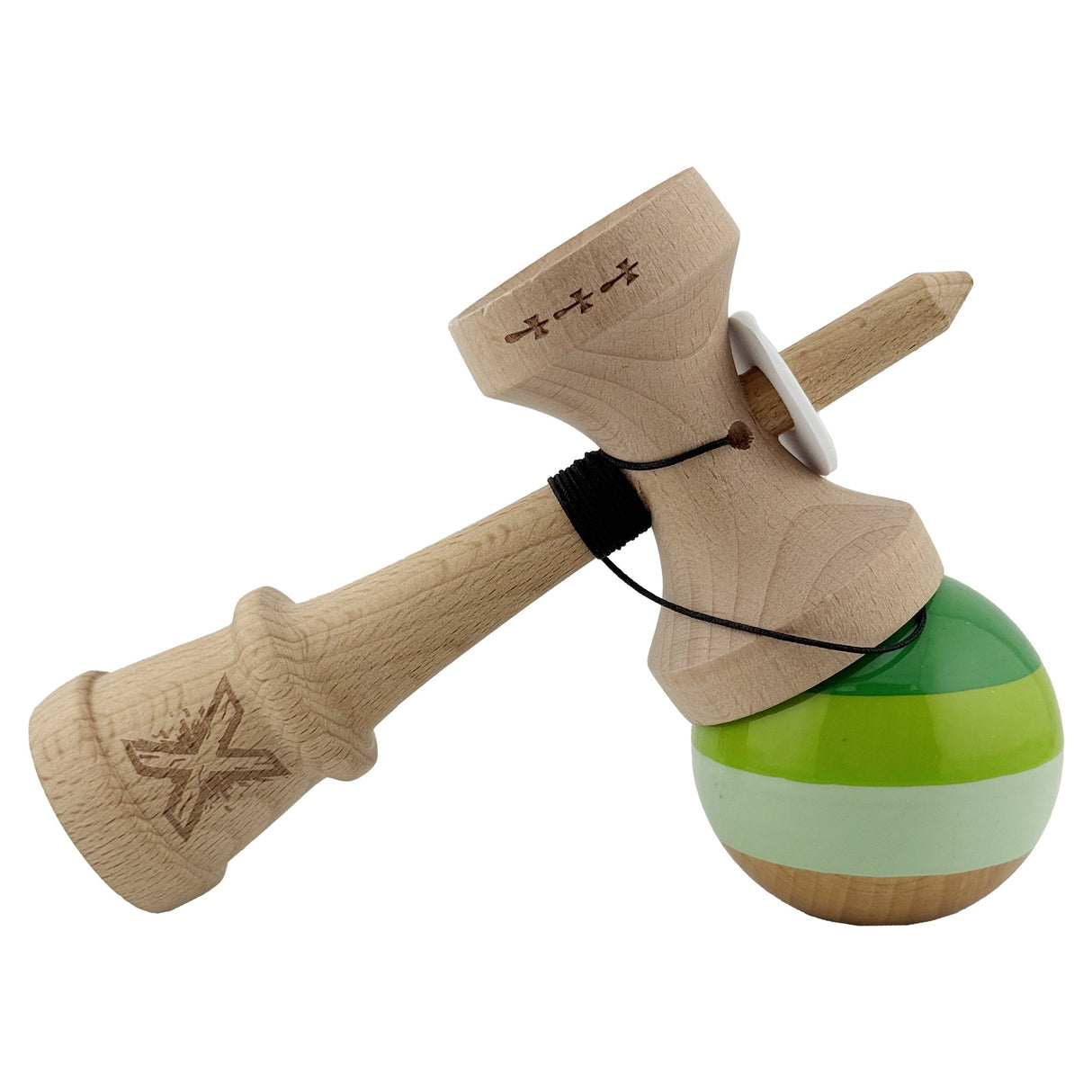 Kendama X Originala, Profesionala, Flippy, Super Sticky cu Cupe Mari KING SIZE V3, Gaura in Baza, Rulment Metalic, din lemn 18 cm, Ata 62/65 cm, Special Verde degrade - vivimall.ro