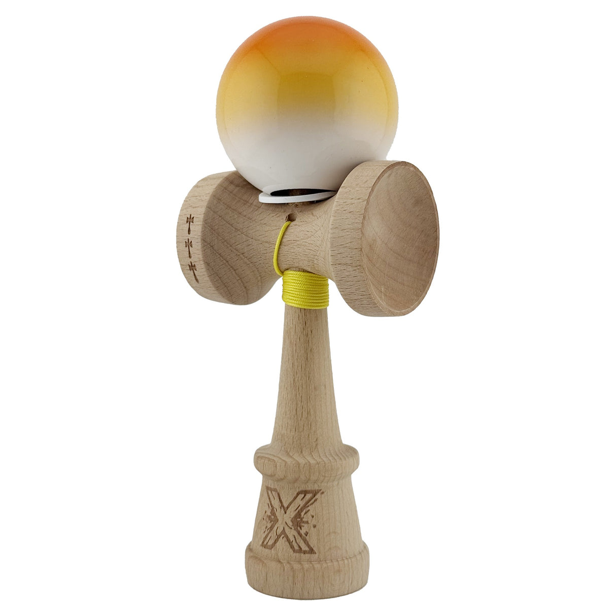Kendama X Originala, Profesionala, Flippy, Super Sticky cu Cupe Mari KING SIZE V3, Gaura in Baza, Rulment Metalic, din lemn 18 cm, Ata 62/65 cm, Gradient Portocaliu/Galben/Alb - vivimall.ro