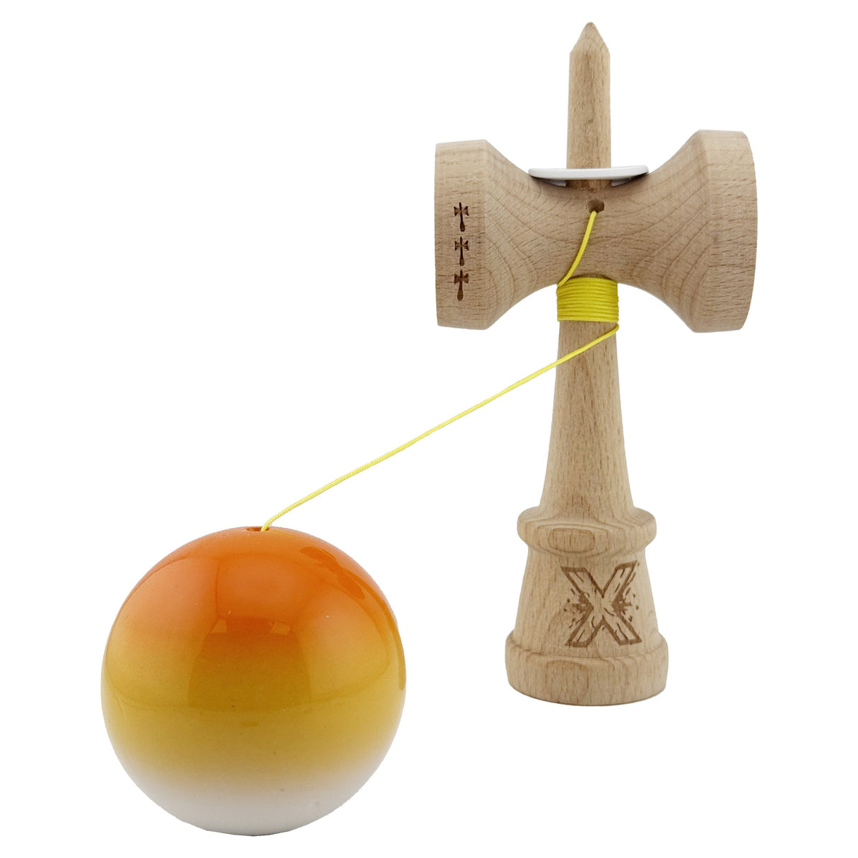 Kendama X Originala, Profesionala, Flippy, Super Sticky cu Cupe Mari KING SIZE V3, Gaura in Baza, Rulment Metalic, din lemn 18 cm, Ata 62/65 cm, Gradient Portocaliu/Galben/Alb - vivimall.ro