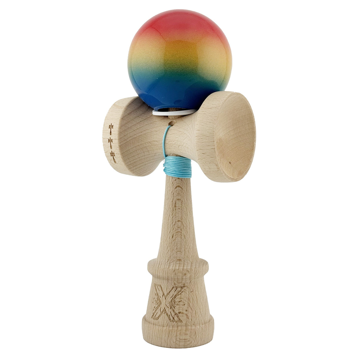 Kendama X Originala, Profesionala, Flippy, Super Sticky cu Cupe Mari KING SIZE V3, Gaura in Baza, Rulment Metalic, din lemn 18 cm, Ata 62/65 cm, Gradient Rosu/Galben/Albastru - vivimall.ro