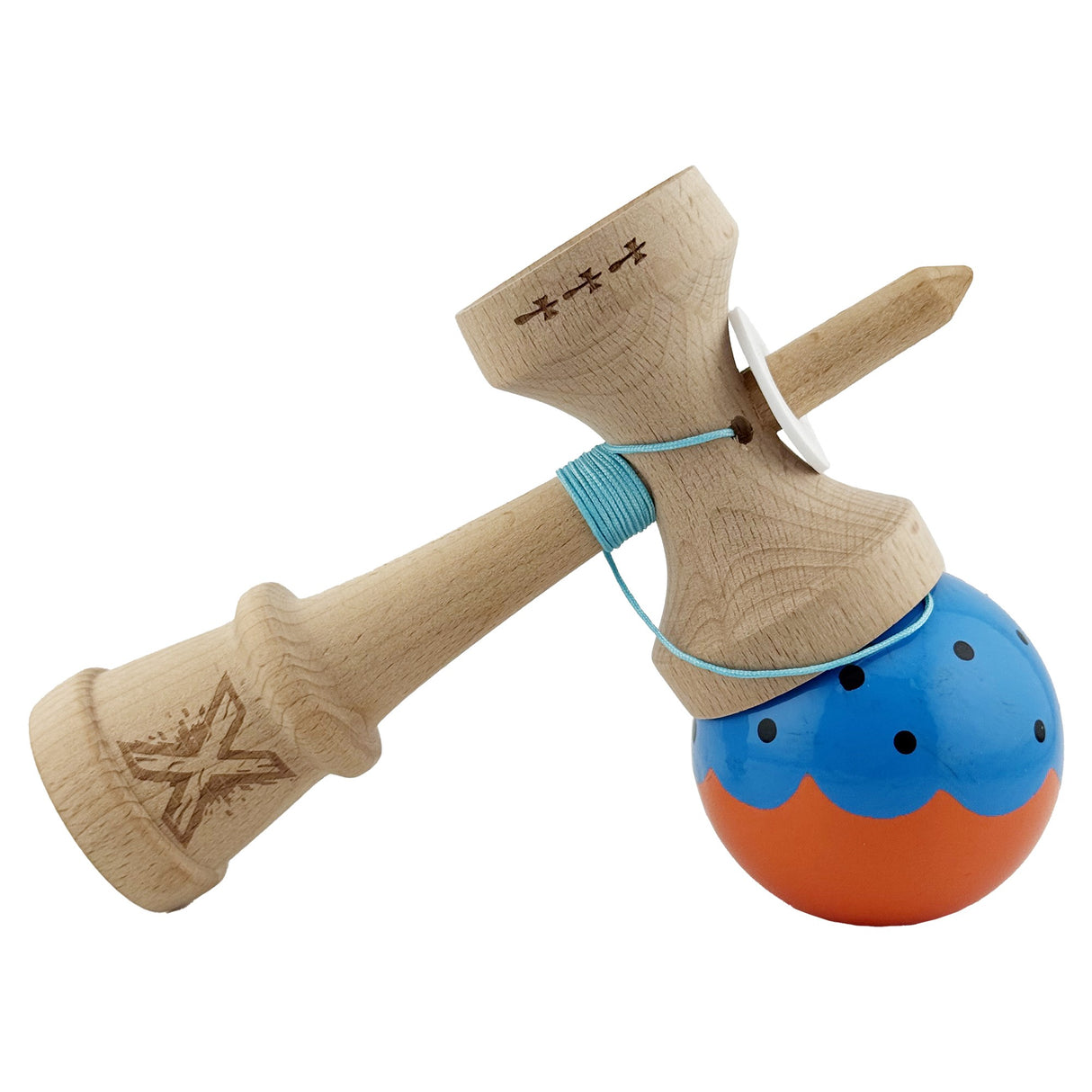 Kendama X Originala, Profesionala, Flippy, Super Sticky cu Cupe Mari KING SIZE V3, Gaura in Baza, Rulment Metalic, din lemn 18 cm, Ata 62/65 cm, Special Albastru/Portocaliu - vivimall.ro