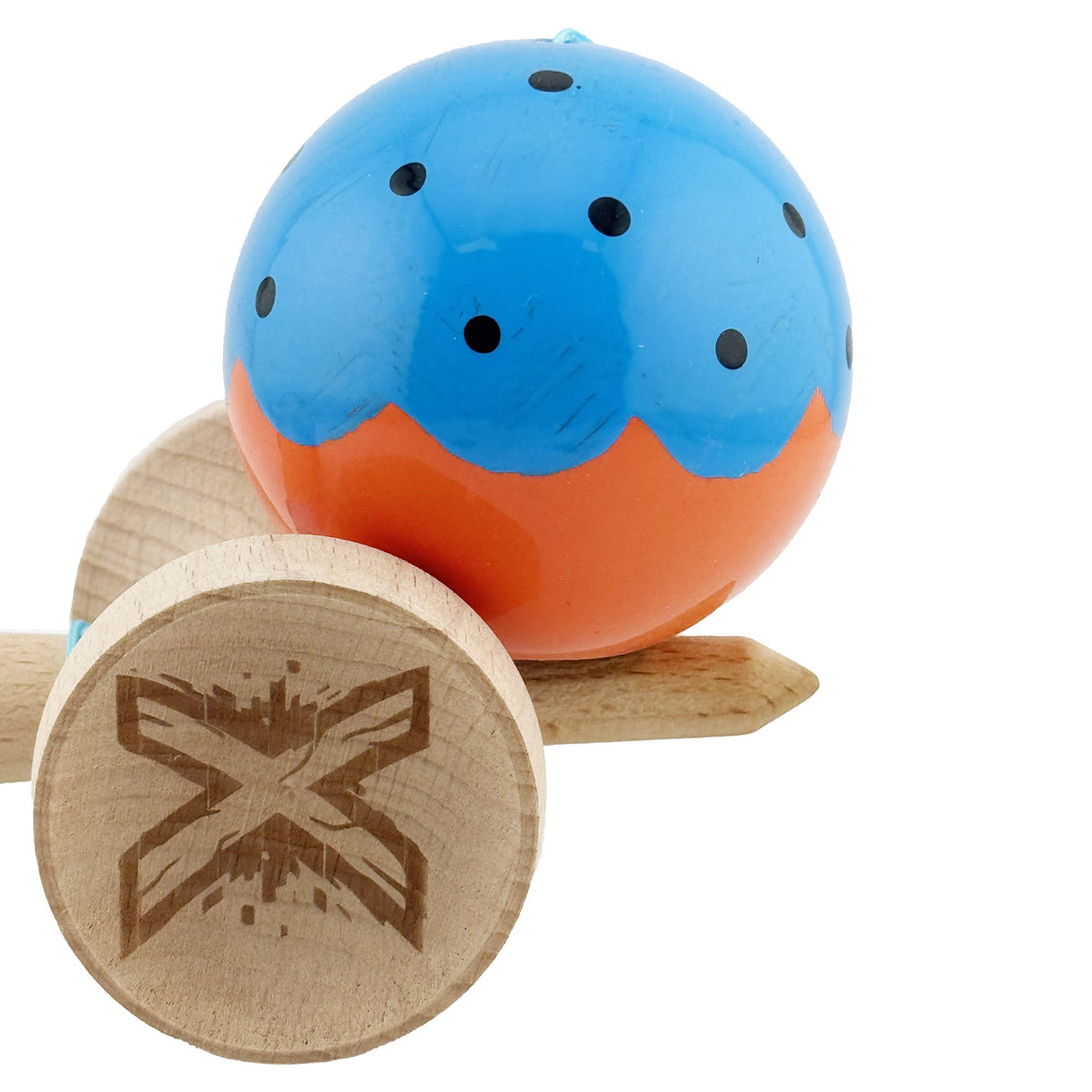 Kendama X Originala, Profesionala, Flippy, Super Sticky cu Cupe Mari KING SIZE V3, Gaura in Baza, Rulment Metalic, din lemn 18 cm, Ata 62/65 cm, Special Albastru/Portocaliu - vivimall.ro