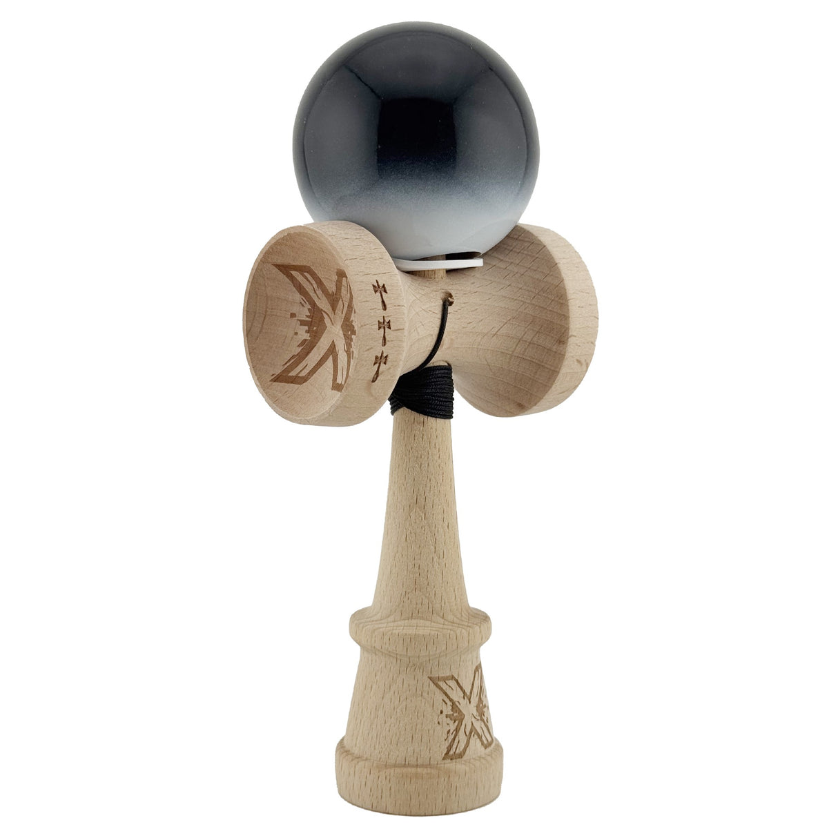 Kendama X Originala, Profesionala, Flippy, Super Sticky cu Cupe Mari KING SIZE V3, Gaura in Baza, Rulment Metalic, din lemn 18 cm, Ata 62/65 cm, Gradient Negru/Alb