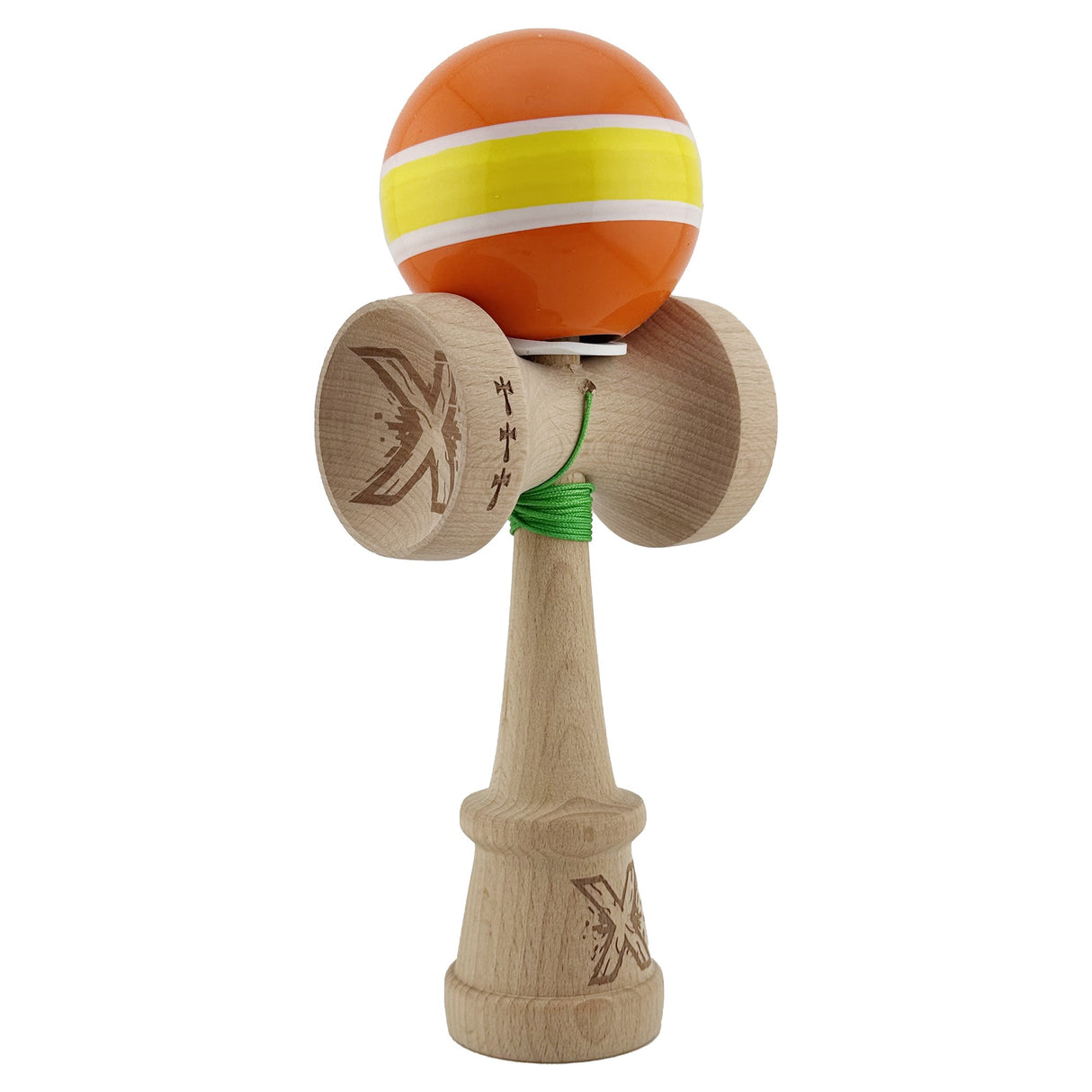 Kendama X Originala, Profesionala, Flippy, Super Sticky cu Cupe Mari KING SIZE V3, Gaura in Baza, Rulment Metalic, din lemn 18 cm, Ata 62/65 cm, Special Portocaliu/Galben - vivimall.ro