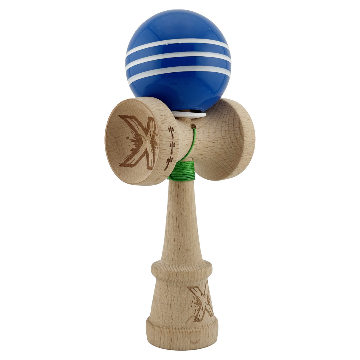 Kendama X Originala, Profesionala, Flippy, Super Sticky cu Cupe Mari KING SIZE V3, Gaura in Baza, Rulment Metalic, din lemn 18 cm, Ata 62/65 cm, Special Albastru/Alb - vivimall.ro