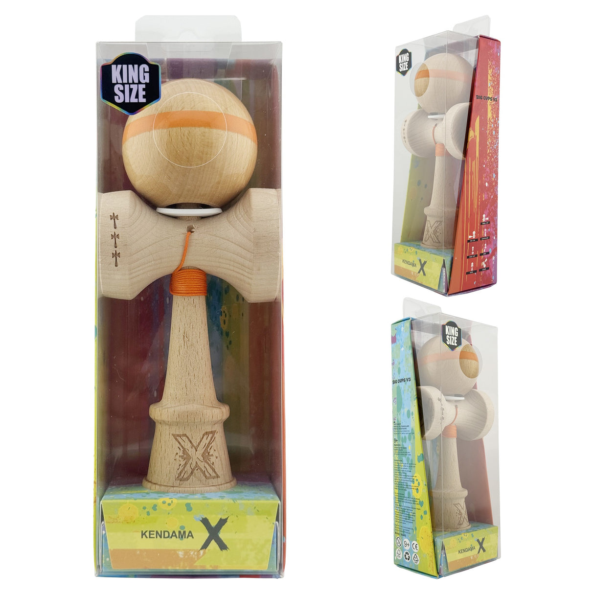 Kendama X Originala, Profesionala, Vivimall, Super Sticky, Cupe Mari KING SIZE V3, Gaura in Baza, Rulment Metalic, din lemn 18 cm, Ata 55 cm, Original Portocaliu - vivimall.ro