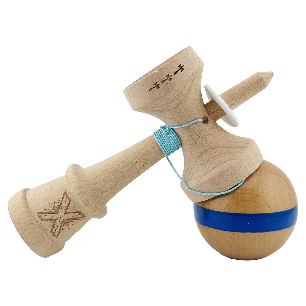 Kendama X Originala, Profesionala, Vivimall, Super Sticky, Cupe Mari KING SIZE V3, Gaura in Baza, Rulment Metalic, din lemn 18 cm, Ata 55 cm, Original Albastru - vivimall.ro