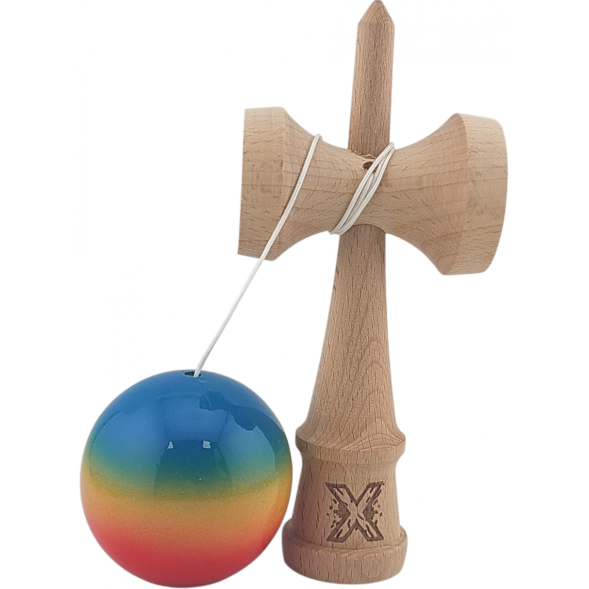 Kendama X Originala, Profesionala, Flippy, Super Sticky din Lemn, 18 cm, Gradient Rosu/Galben/Albastru - vivimall.ro