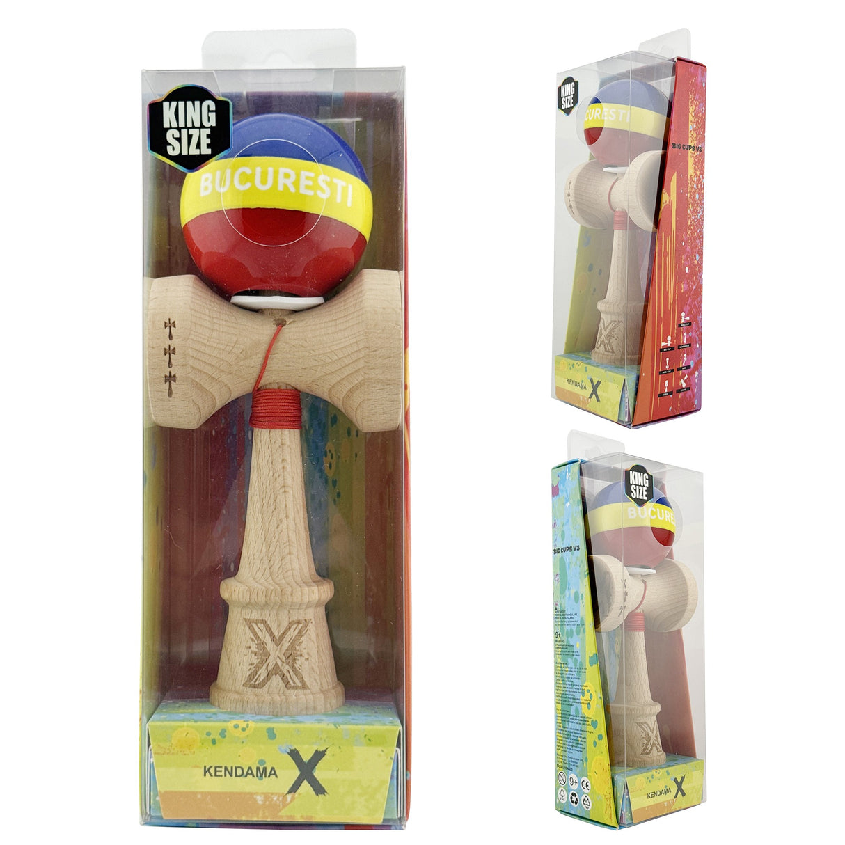 Kendama profesională Tricolor București, cupă mare 5,1 cm și cupă mică 4,7 cm, vedere laterală