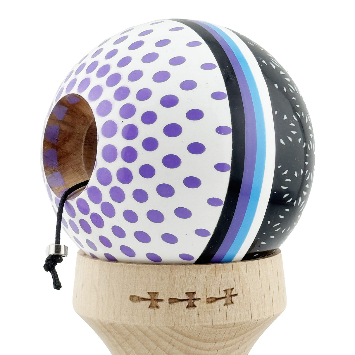 Kendama X Originala, Profesionala, Flippy, RAINDROPS, Super Sticky cu Cupe Mari KING SIZE V3, Gaura in Baza, Rulment Metalic, din lemn 18 cm, Ata 62/65 cm, Alb/Negru/Mov - vivimall.ro