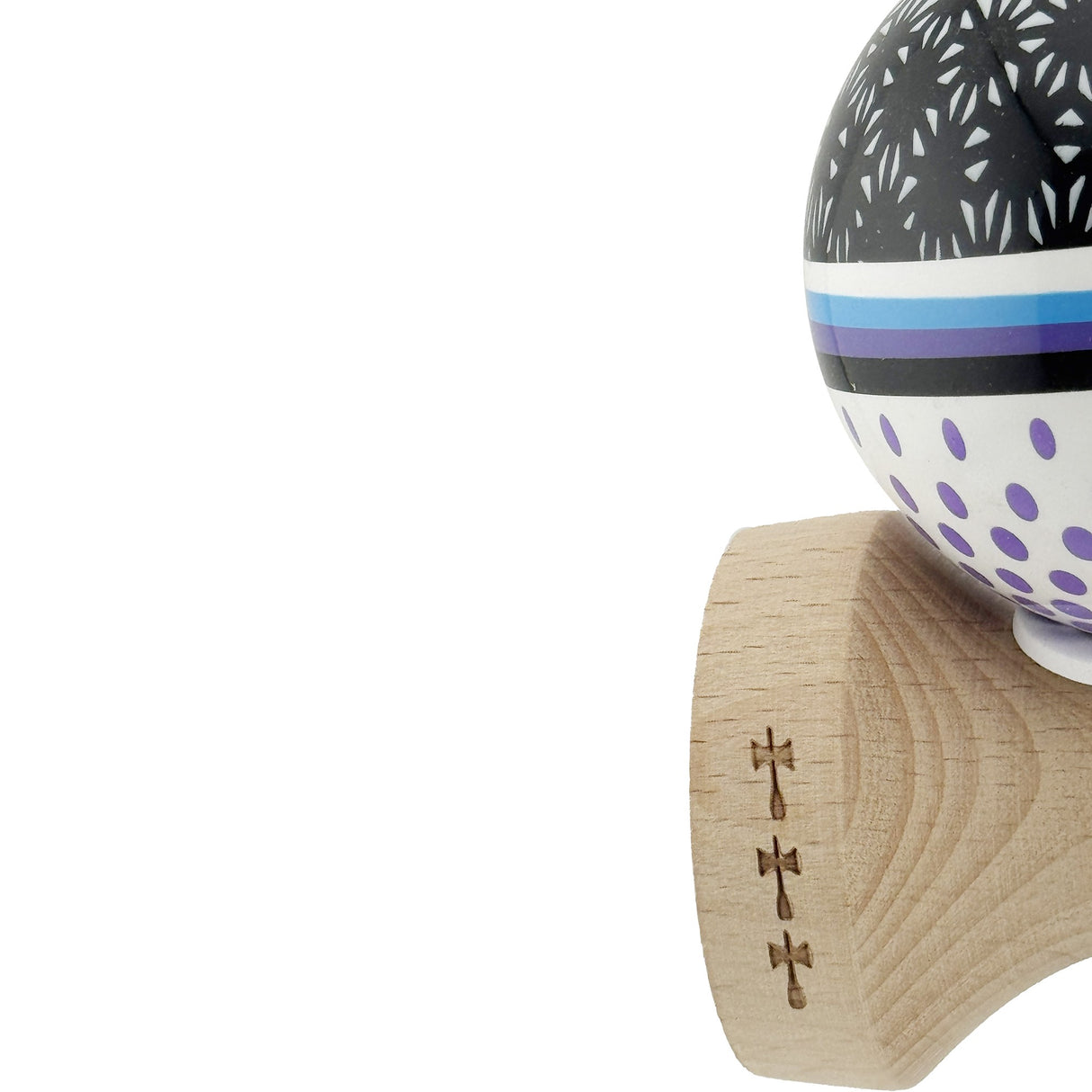 Kendama X Originala, Profesionala, Flippy, RAINDROPS, Super Sticky cu Cupe Mari KING SIZE V3, Gaura in Baza, Rulment Metalic, din lemn 18 cm, Ata 62/65 cm, Alb/Negru/Mov - vivimall.ro