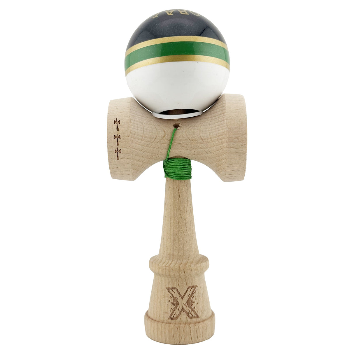 Kendama X Originala ROYAL SPIKE, Profesionala, Vivimall, Cupe Mari KING SIZE V3, Super Sticky, Gaura in Baza, Rulment Metalic, din lemn 18 cm, Ata 55 cm, Inel Verde