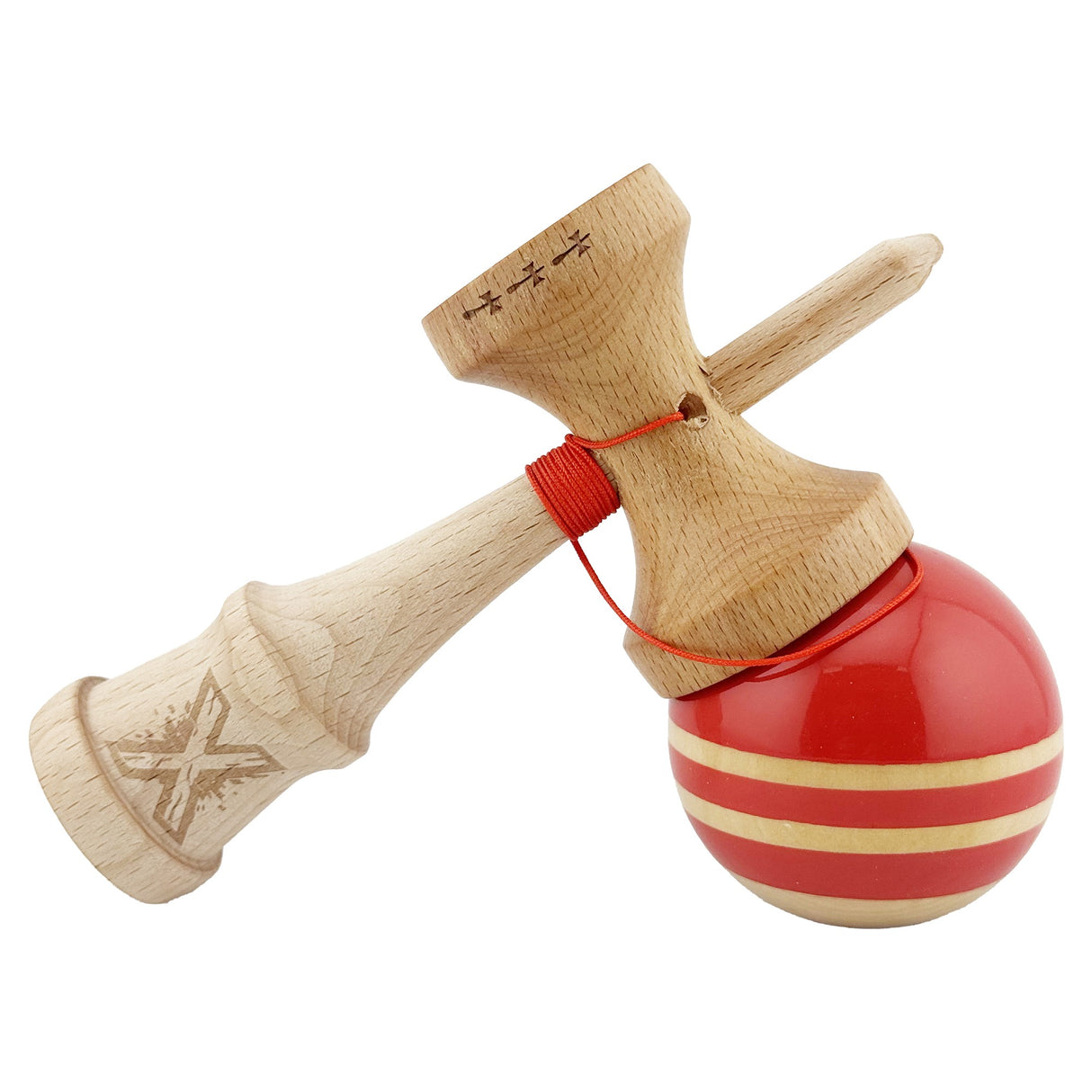 Kendama X Rainbow Originala, Profesionala, Vivimall, Big Cups V2, Super Sticky cu Cupe Mari, Rulment Metalic, din lemn 18 cm, Ata 55 cm, Rosu/Maro - vivimall.ro