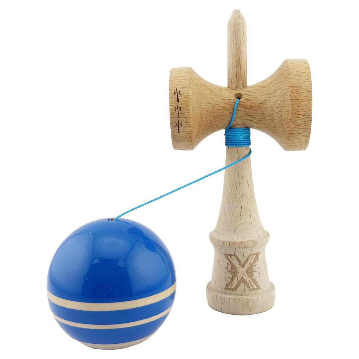 Kendama X Rainbow Originala, Profesionala, Flippy, Big Cups V2, Super Sticky cu Cupe Mari, Rulment Metalic, din lemn 18 cm, Ata 55 cm, Albastru/Maro - vivimall.ro