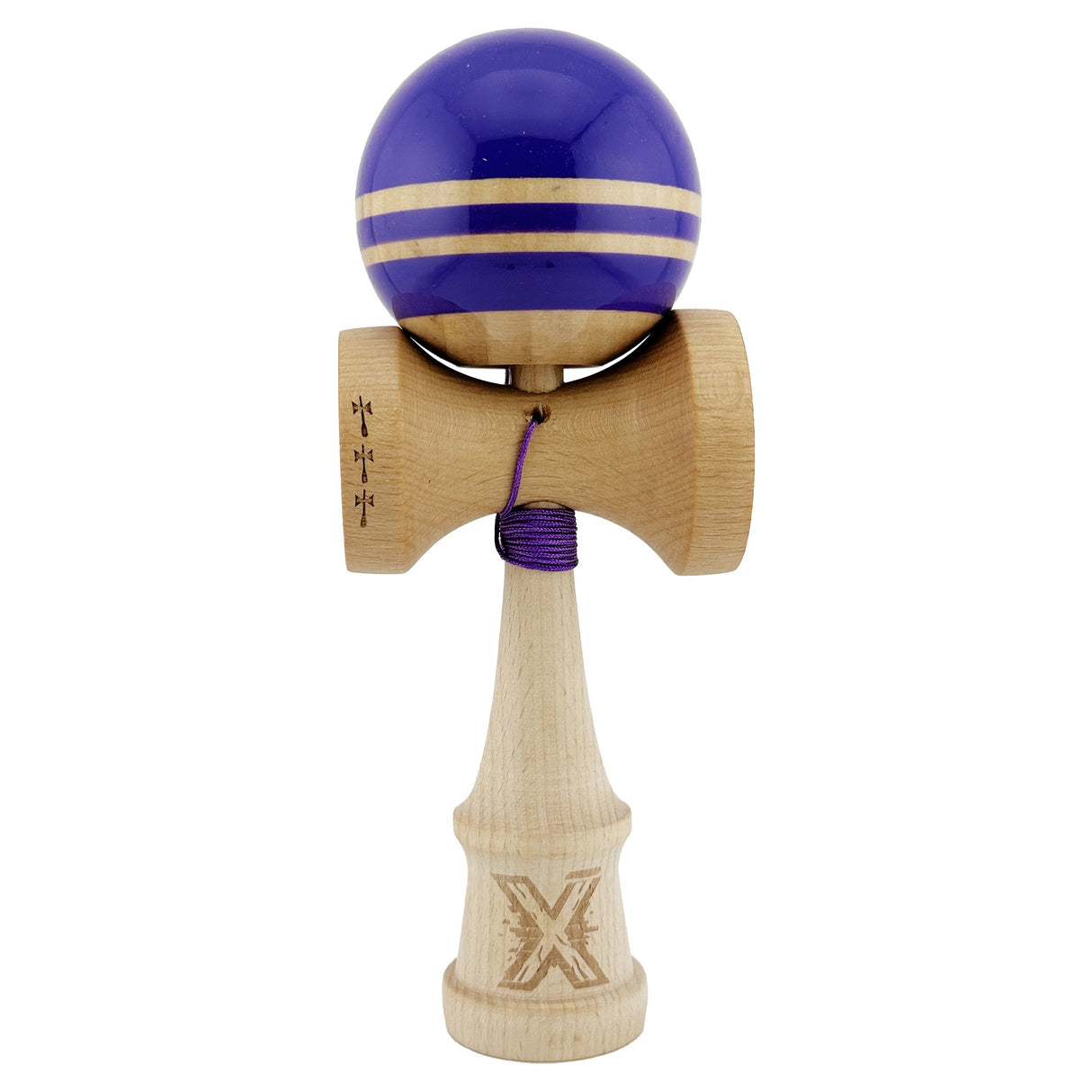 Kendama X Rainbow Originala, Profesionala, Vivimall, Big Cups V2, Super Sticky cu Cupe Mari, Rulment Metalic, din lemn 18 cm, Ata 55 cm, Violet/Maro
