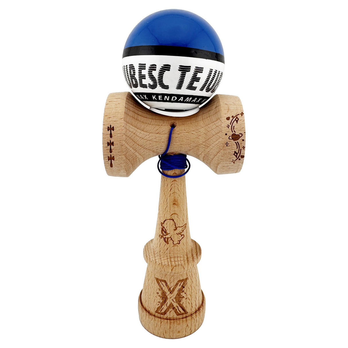 Kendama X TE IUBESC Originala, Profesionala, Vivimall, Super Sticky cu Cupe Mari KING SIZE V3, Gaura in Baza, Rulment Metalic, din lemn 18 cm, Ata 62/65 cm, Albastru/Alb - vivimall.ro