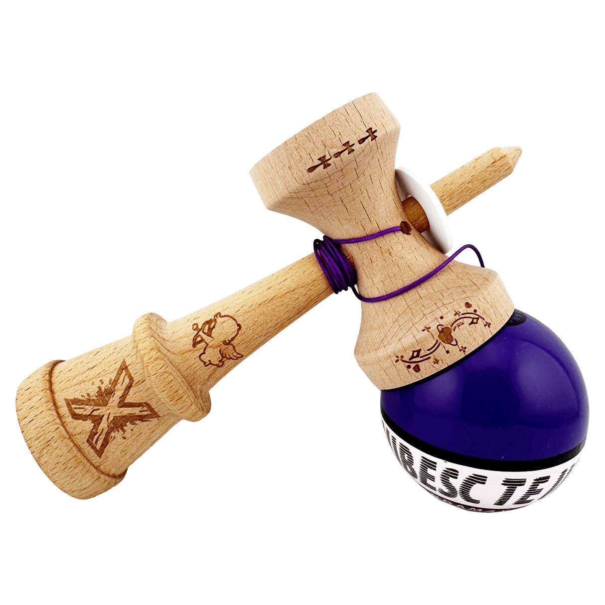 Kendama X TE IUBESC Originala, Profesionala, Vivimall, Super Sticky cu Cupe Mari KING SIZE V3, Gaura in Baza, Rulment Metalic, din lemn 18 cm, Ata 62/65 cm, Violet/Alb - vivimall.ro