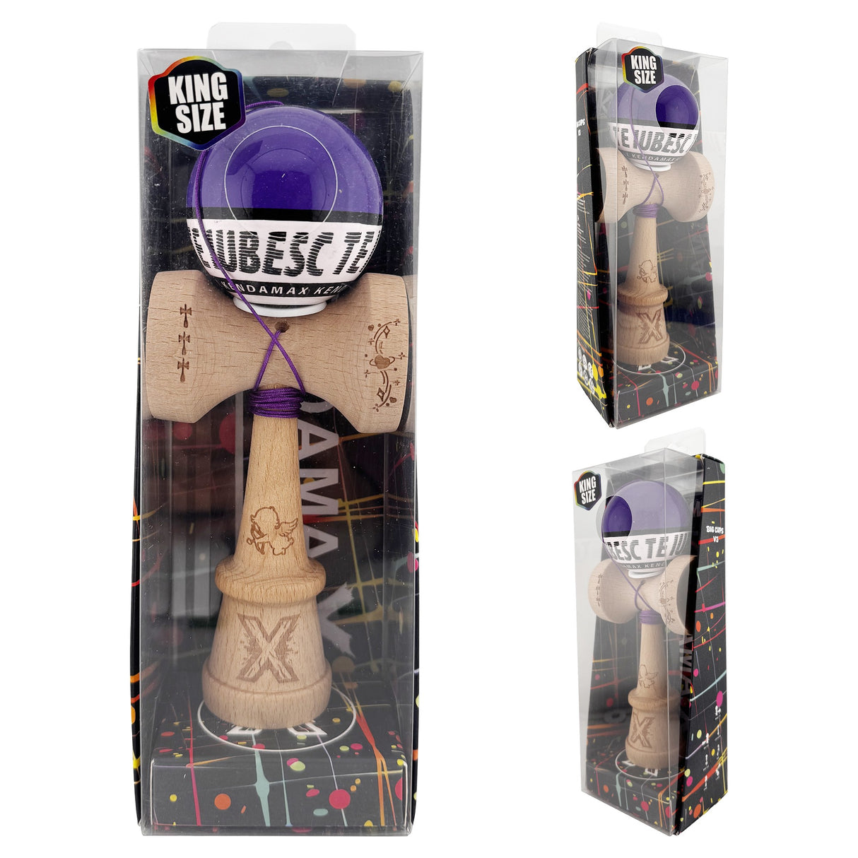 Kendama X TE IUBESC Originala, Profesionala, Vivimall, Super Sticky cu Cupe Mari KING SIZE V3, Gaura in Baza, Rulment Metalic, din lemn 18 cm, Ata 62/65 cm, Violet/Alb - vivimall.ro