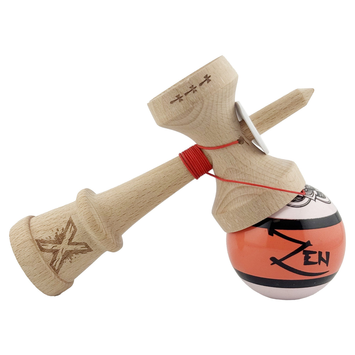 Kendama X Zen Series Originala, Profesionala, Vivimall, Super Sticky cu Cupe Mari V3, King Size Cups, Rulment Metalic si Gaura in Baza, din Lemn 18 cm, Ata 55 cm, Coral