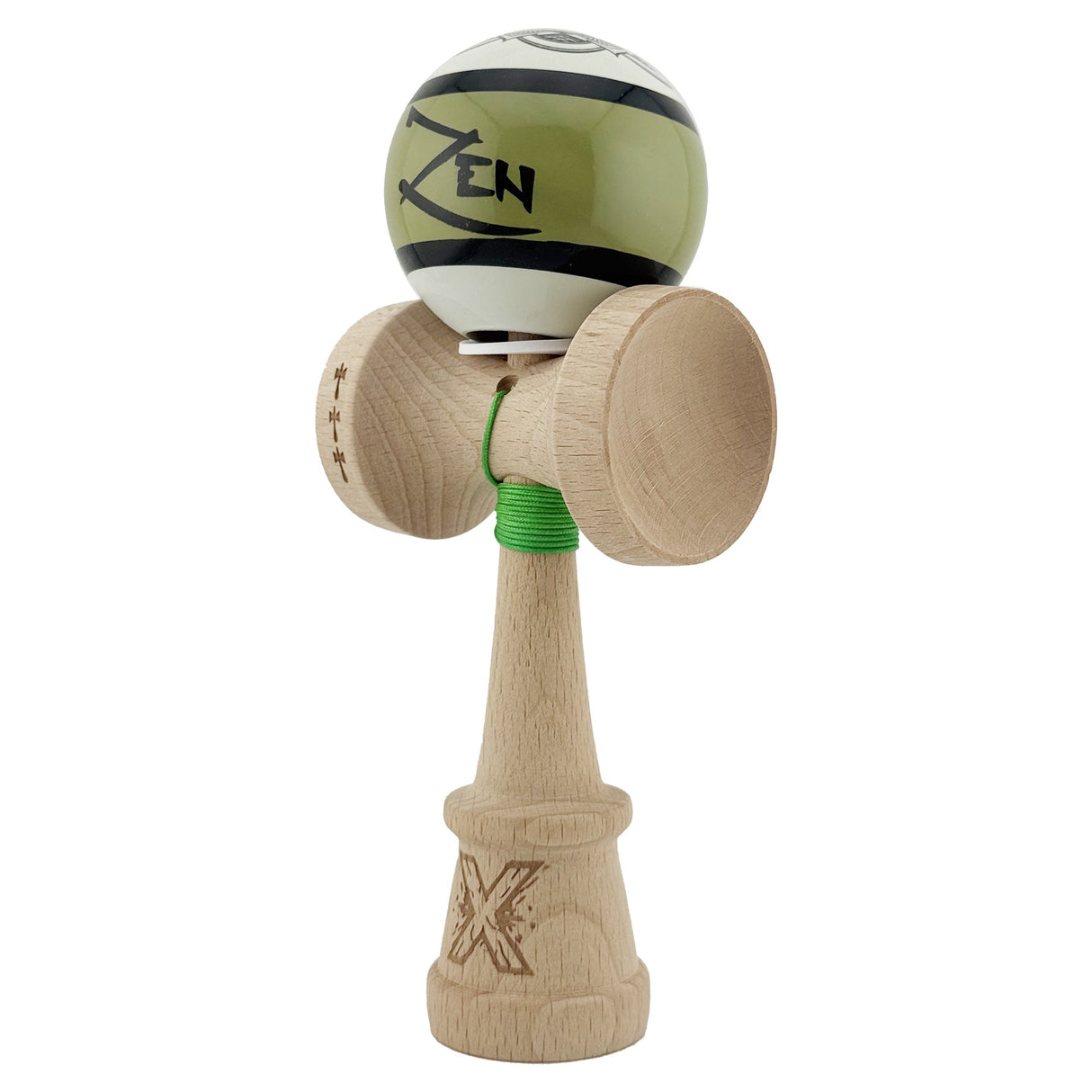Kendama X Zen Series Originala, Profesionala, Vivimall, Super Sticky cu Cupe Mari V3, King Size Cups, Rulment Metalic si Gaura in Baza, din Lemn 18 cm, Ata 55 cm, Verde