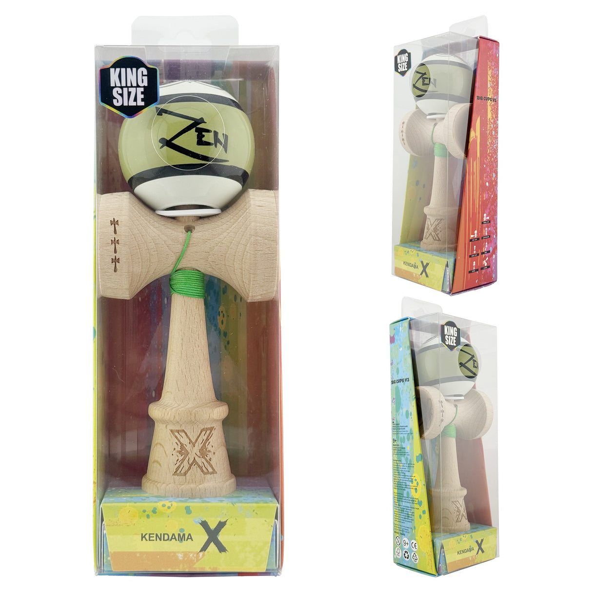 Kendama X Zen Series Originala, Profesionala, Vivimall, Super Sticky cu Cupe Mari V3, King Size Cups, Rulment Metalic si Gaura in Baza, din Lemn 18 cm, Ata 55 cm, Verde