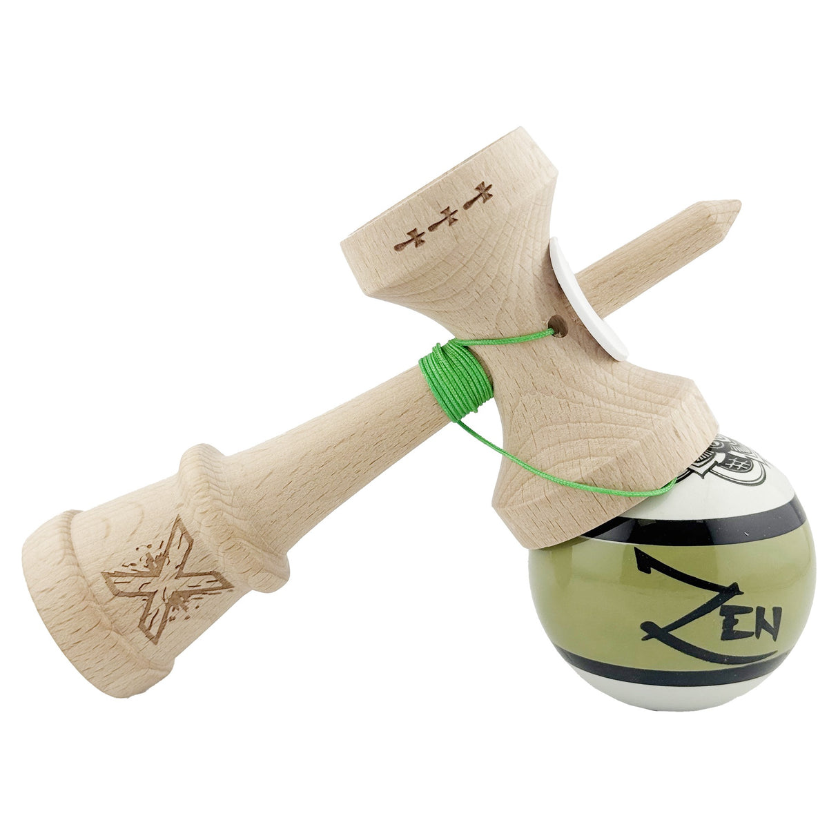 Kendama X Zen Series Originala, Profesionala, Vivimall, Super Sticky cu Cupe Mari V3, King Size Cups, Rulment Metalic si Gaura in Baza, din Lemn 18 cm, Ata 55 cm, Verde