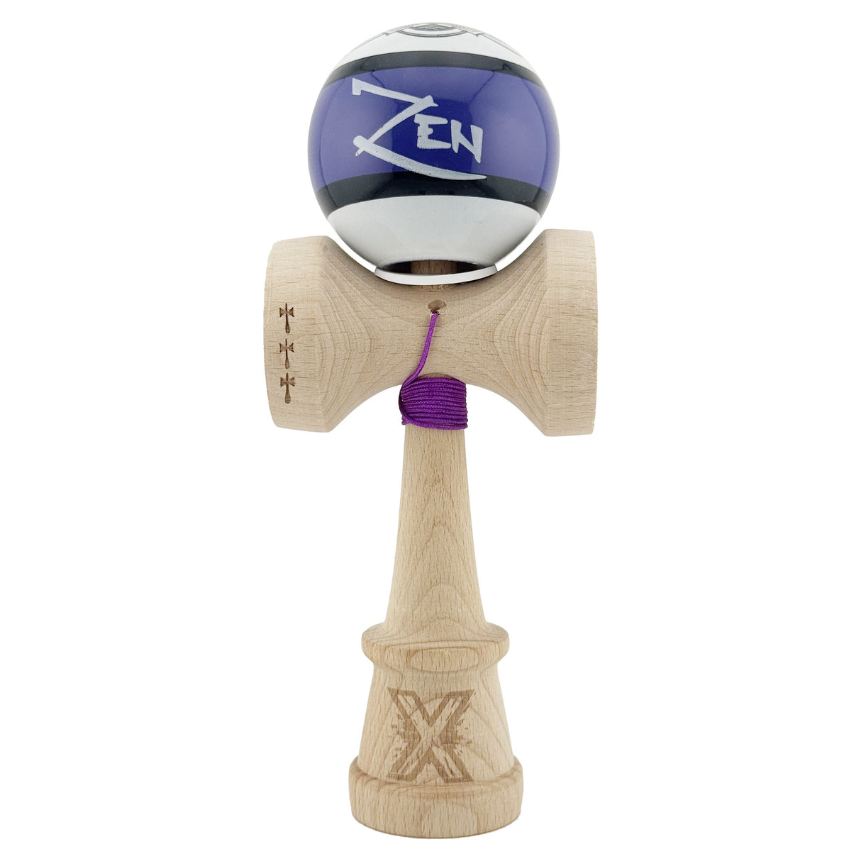 Kendama X Zen Series Originala, Profesionala, Vivimall, Super Sticky cu Cupe Mari V3, King Size Cups, Rulment Metalic si Gaura in Baza, din Lemn 18 cm, Ata 55 cm, Violet