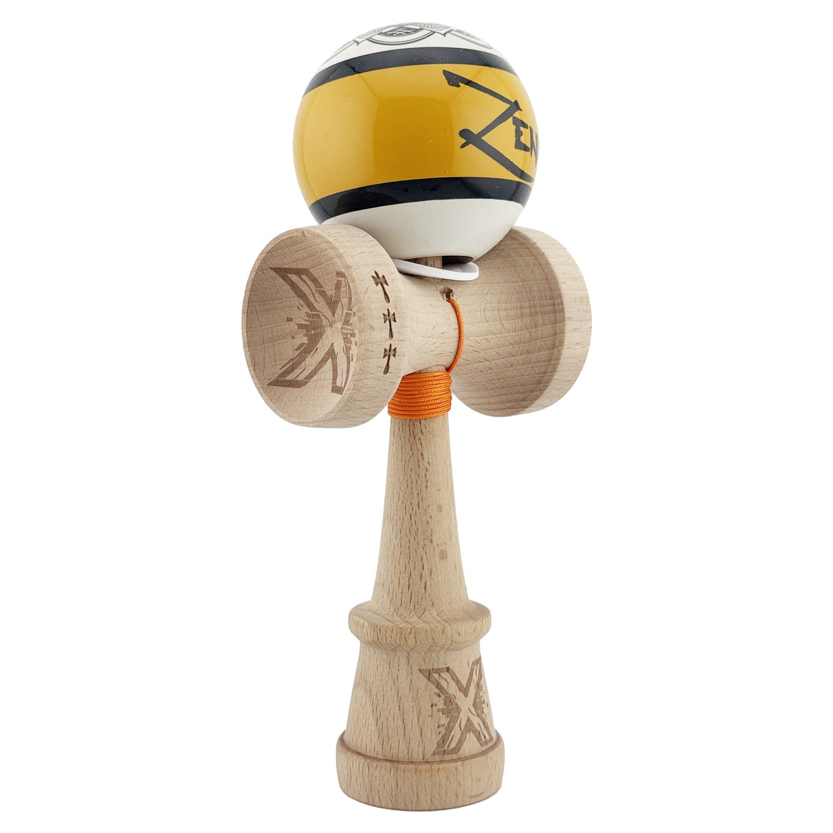 Kendama X Zen Series Originala, Profesionala, Vivimall, Super Sticky cu Cupe Mari V3, King Size Cups, Rulment Metalic si Gaura in Baza, din Lemn 18 cm, Ata 55 cm, Auriu