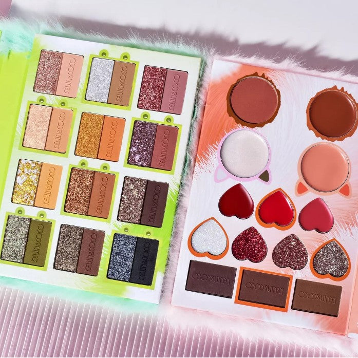 Set de Machiaj Kevin&Coco, 38 culori, Fard Ochi, Iluminatoare si Contouring, Husa Pufoasa, Model Broscuta, 17.3x12.5x5 cm, Multicolor - vivimall.ro