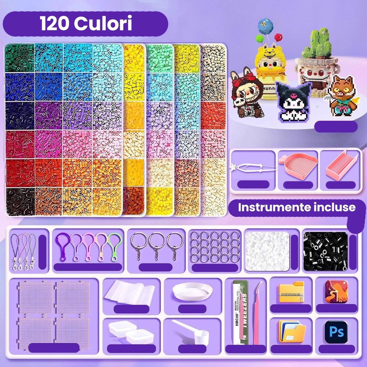 Detaliu mărgele perle multicolore 2.6 mm cu pensetă, tăvițe sortare și plăci asamblare incluse în kit DIY 3D