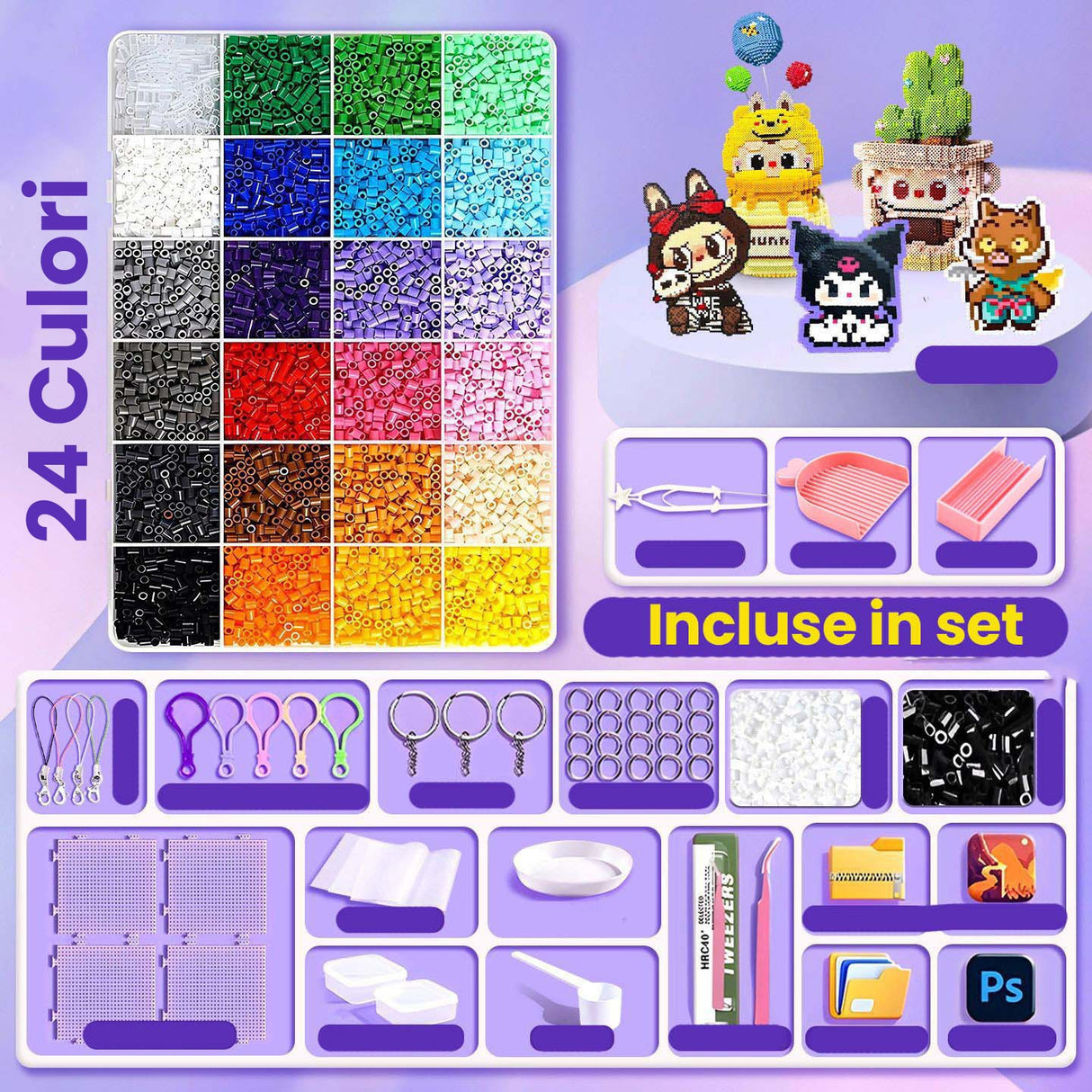 Kit de Margele Perle, Vivimall, Set DIY 3D din 24 de Culori, 2000 de piese, Instrumente pentru Margele Incluse, 2.6 mm in cutie, Multicolor - vivimall.ro
