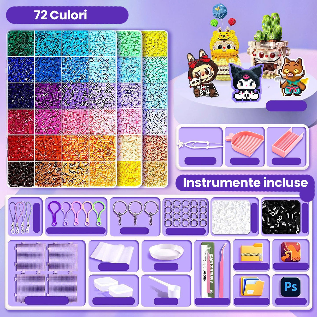 Set mărgele perle 2.6 mm multicolor cu pensete, plăci asamblare și tăvițe sortare incluse, detaliu accesorii