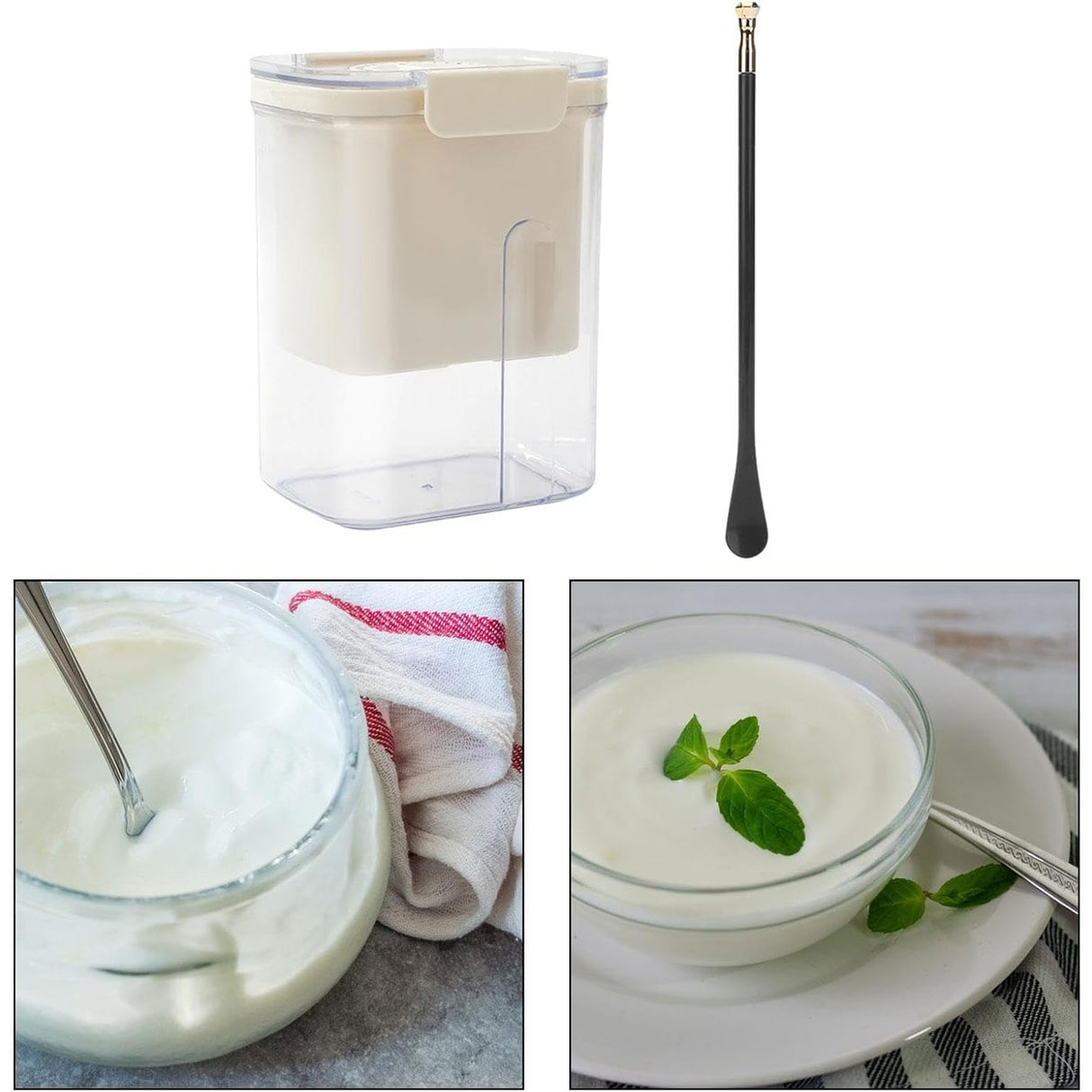 Kit Presa Pentru Branza, Vivimall, Filtru de Iaurt, Strecuratoare de Iaurt Grecesc, Filtru de lapte, 18x9.7x13 cm, Lingura Verde 20x1.6 cm, Alb - vivimall.ro