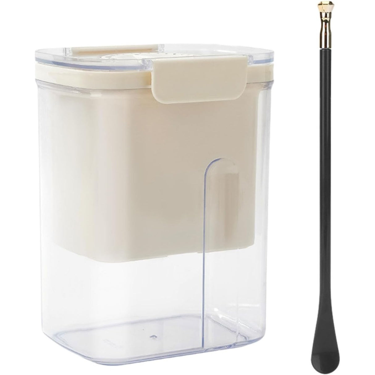 Kit Presa Pentru Branza, Vivimall, Filtru de Iaurt, Strecuratoare de Iaurt Grecesc, Filtru de lapte, 18x9.7x13 cm, Lingura Neagra 20x1.6 cm, Alb - vivimall.ro