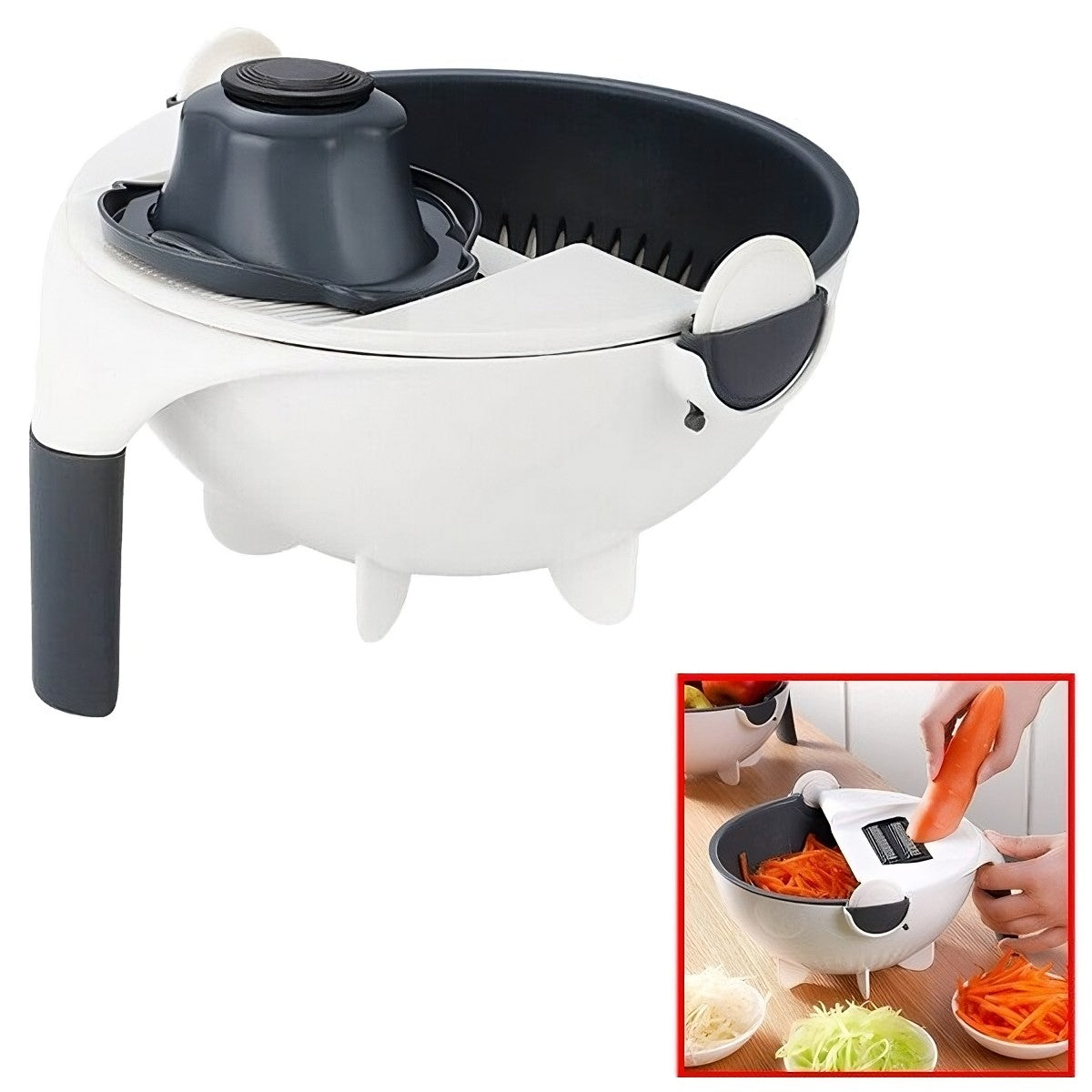 Tocator Multifunctional, Vivimall, Lame Otel Inoxidabil, cu Suport Scurgere, Maner, Protectie Mana, 22x22x12 cm, Alb Negru - vivimall.ro