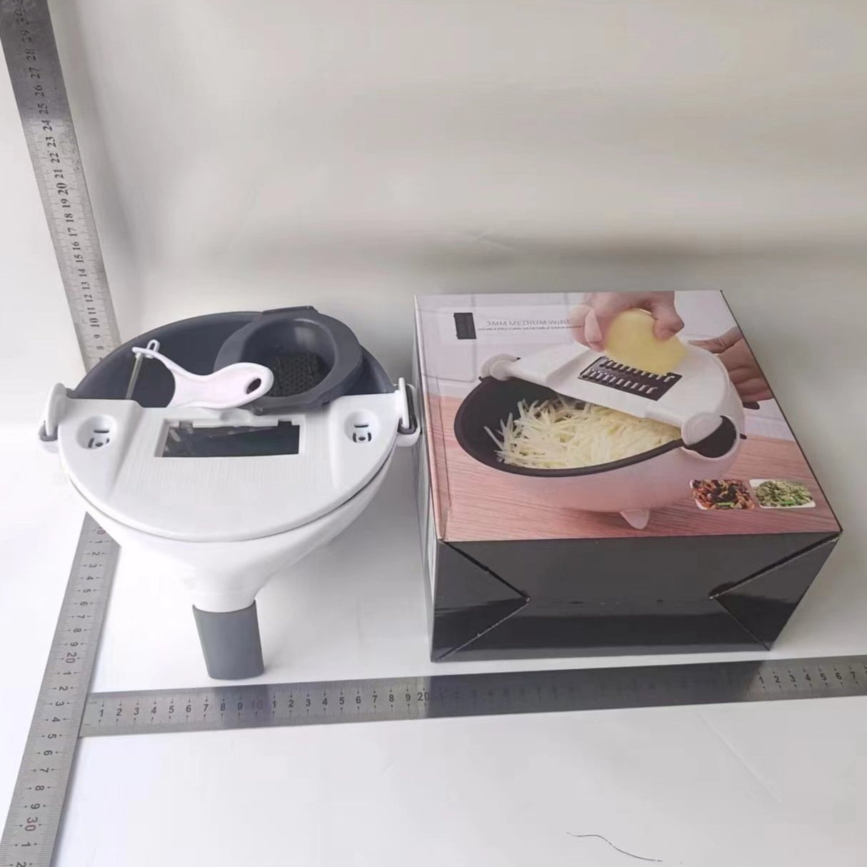 Tocator Multifunctional, Vivimall, Lame Otel Inoxidabil, cu Suport Scurgere, Maner, Protectie Mana, 22x22x12 cm, Alb Negru - vivimall.ro