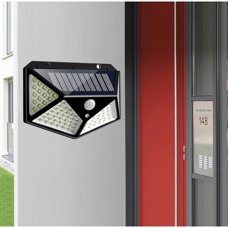 Lampa cu incarcare solara pentru exterior, 100 LED cu distanta de inductie, montaj pe perete, fara cabluri, cu 4 fete, Vivimall - vivimall.ro