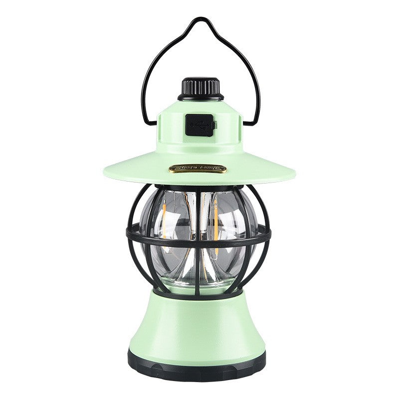 Felinar LED retro portabil pentru camping, culoare verde mint, vedere frontală, material ABS
