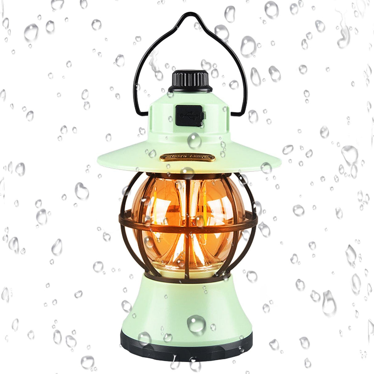 Felinar vintage LED camping verde mint, detaliu mâner sârmă oțel și buton reglaj intensitate