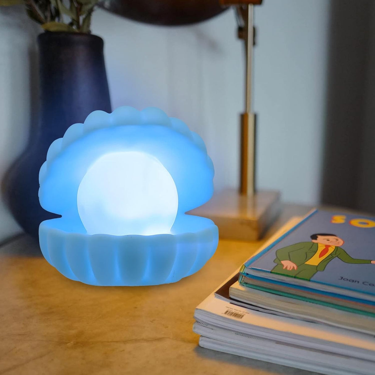 Lampa de Veghe, Vivimall, Model Scoica cu Perla, Lumina Calda, 10 x 8.5 cm, Led, Baterii Incluse 3 x LR44, Albastru - vivimall.ro