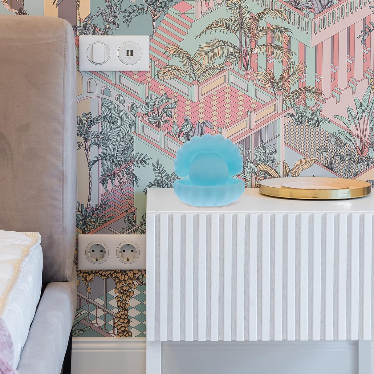 Lampa de Veghe, Vivimall, Model Scoica cu Perla, Lumina Calda, 10 x 8.5 cm, Led, Baterii Incluse 3 x LR44, Albastru - vivimall.ro